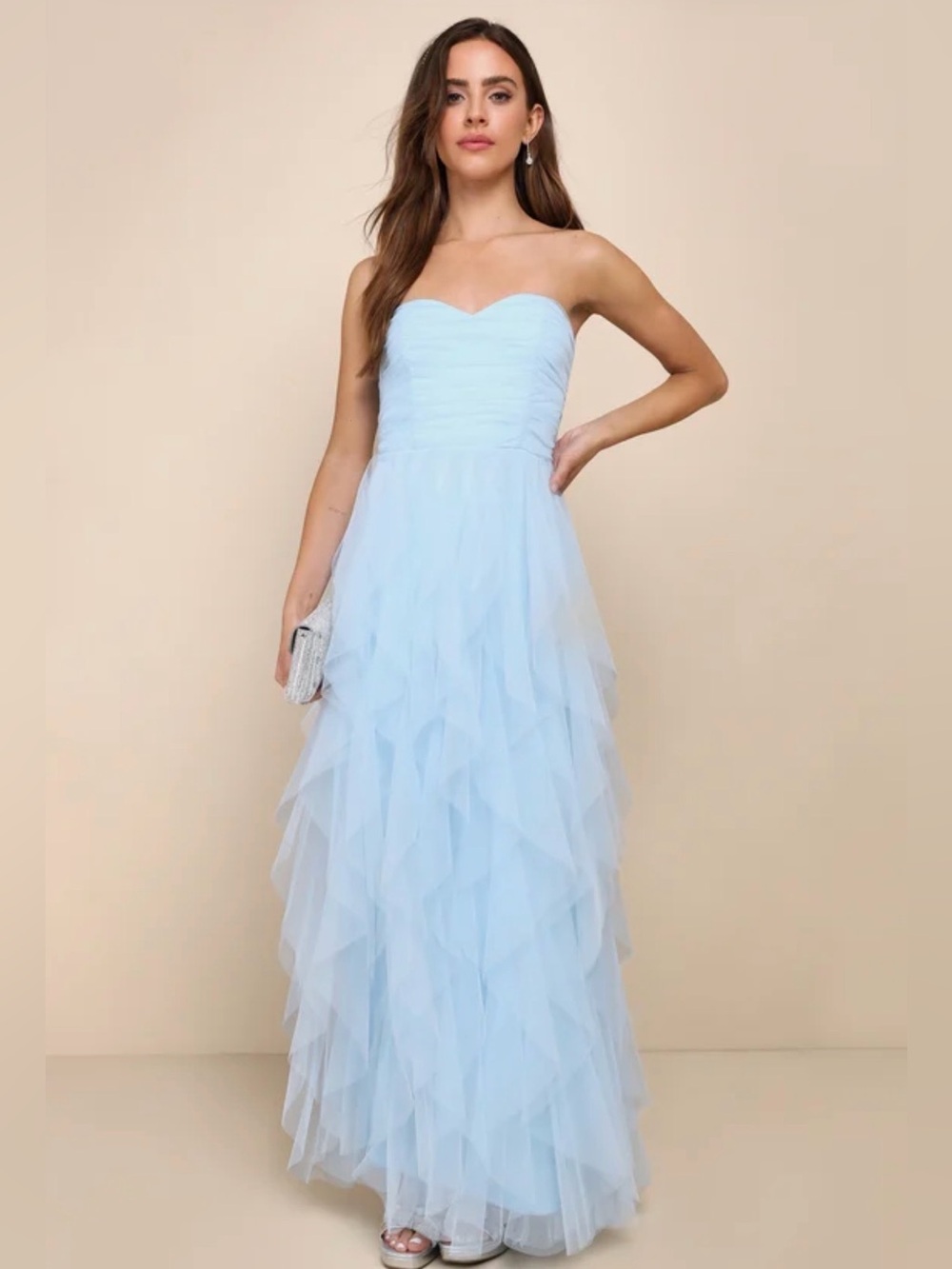 NWT Lulus Delightful Beauty Strapless Light Blue Layered Tulle Evening Dress